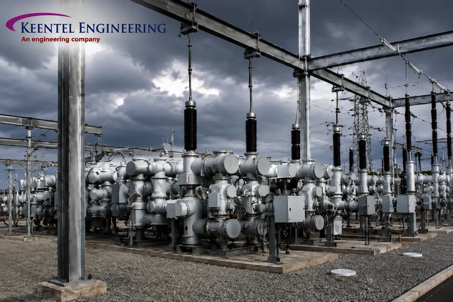 Electrical substation and solar panels under a stormy sky with overlaid engineering data and a case study label.