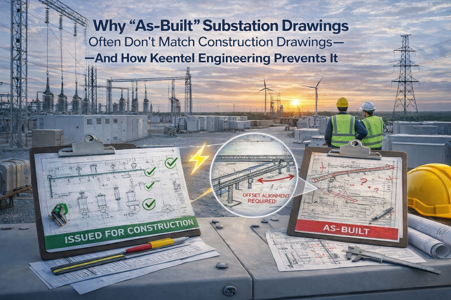 Comparison of issued-for-construction and as-built substation drawings at an electrical substation site, highlighting drawing mismatches and construction coordination challenges.