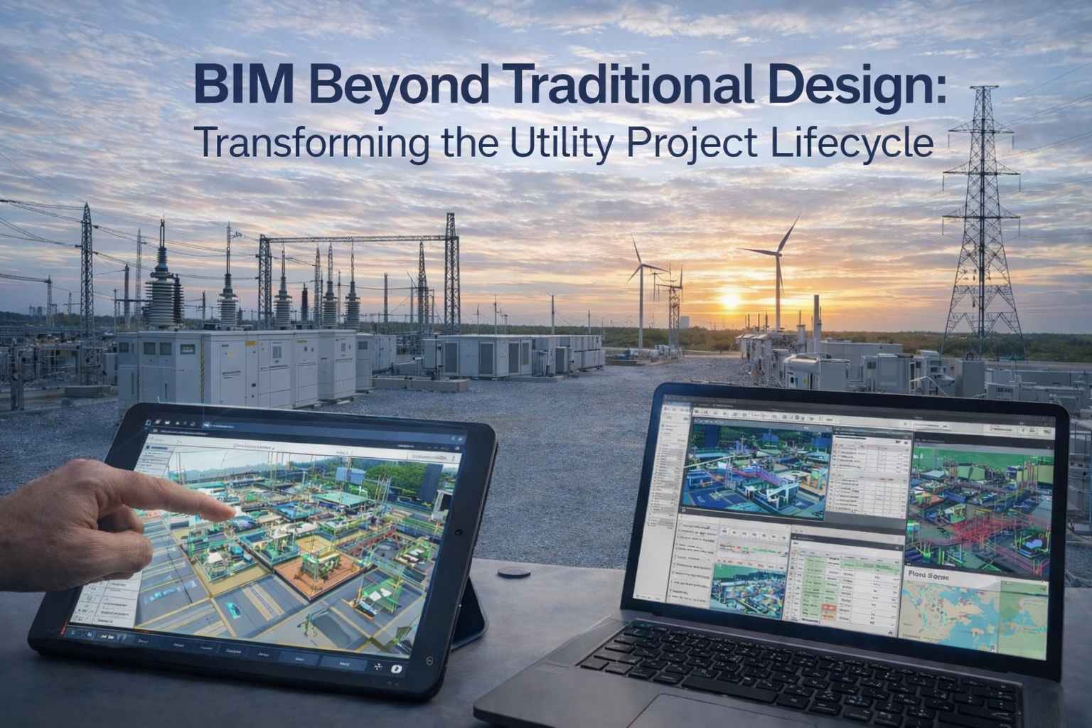 BIM-enabled utility substation design showing 3D digital model visualization on tablet and laptop with data integration for engineering, procurement, maintenance, and site analysis.