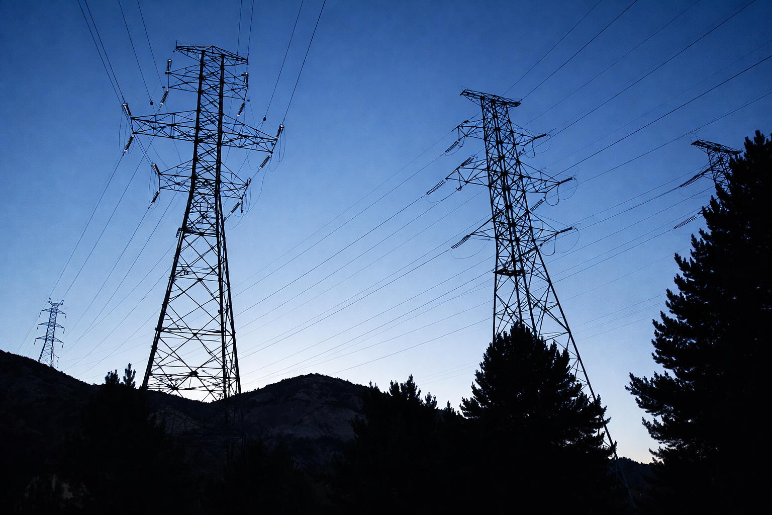Image of electricity pylons silhouetted against a twilight sky, with power lines stretching across a rugged landscape.