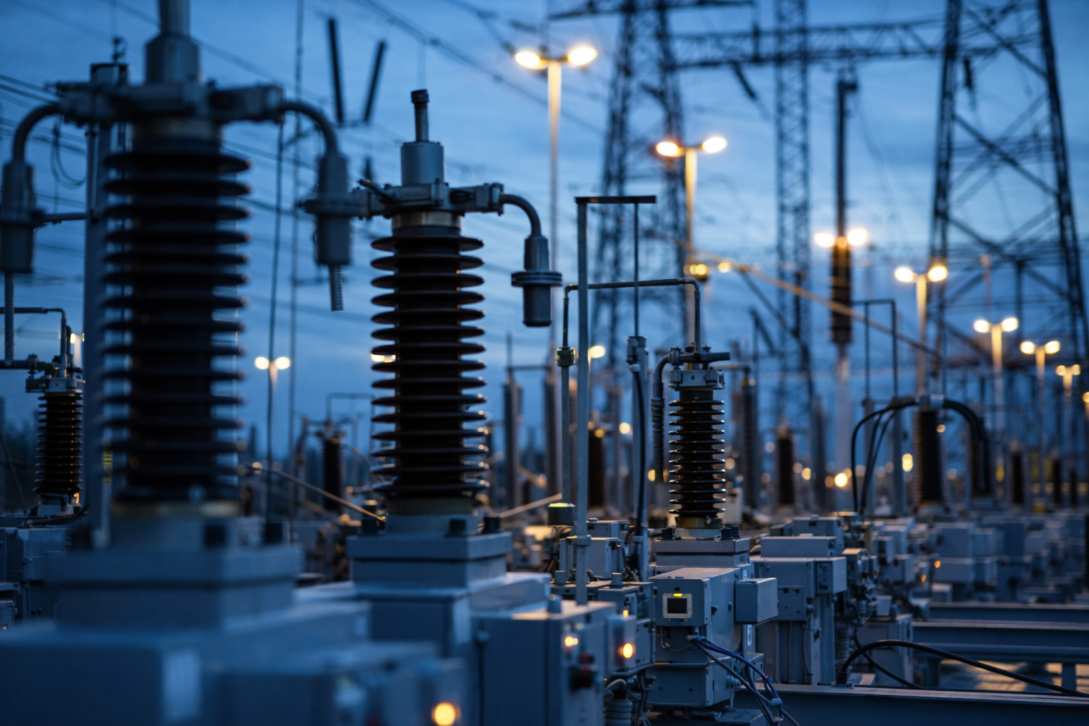 Close-up of high-voltage insulators and electrical equipment in a substation, illuminated at twilight.