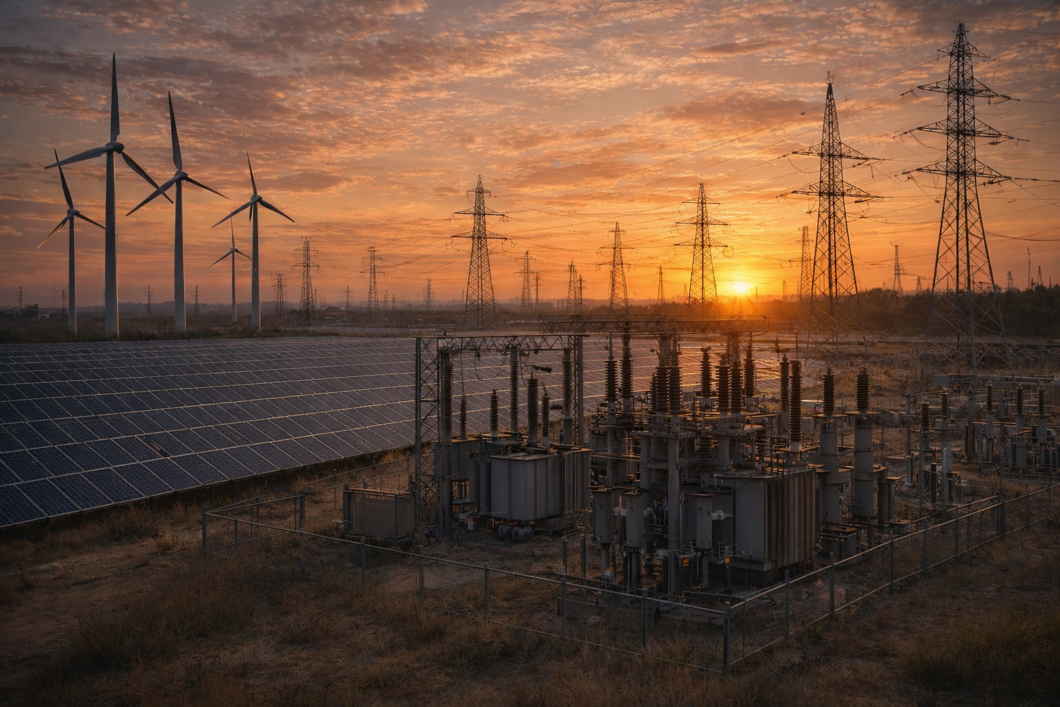 Sunset over renewable energy infrastructure with wind turbines, solar panels, and power transmission equipment.