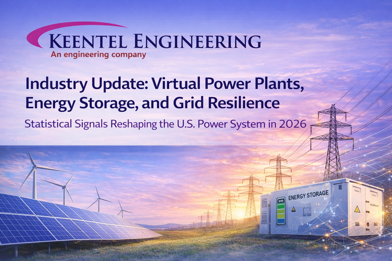 Industry update graphic from Keentel Engineering showing solar panels, wind turbines, and energy storage at sunrise.