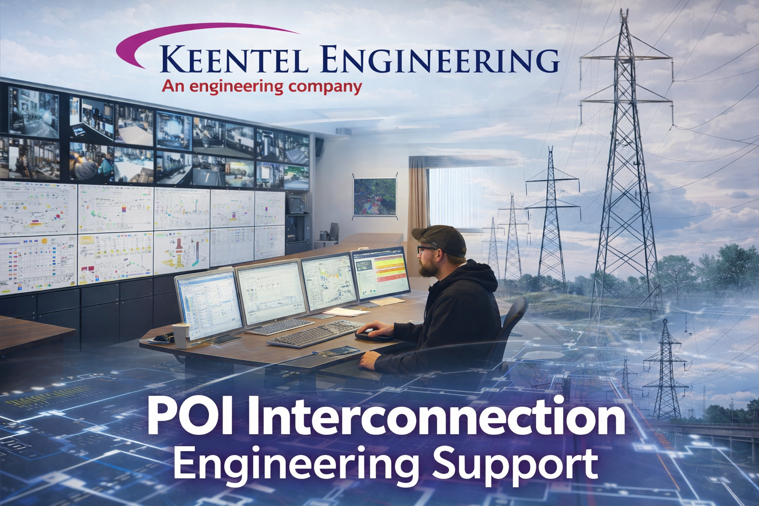 Keentel Engineering advertisement showing an operator at a control desk with power lines and digital grid overlays.