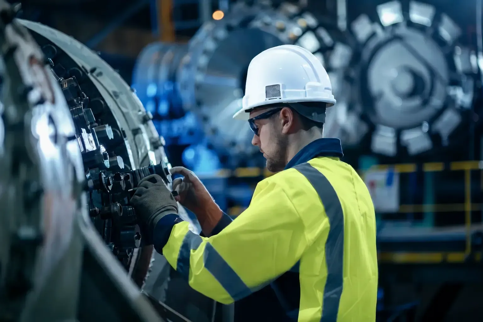 Two technicians in hard hats inspect electrical panel, one using a laptop in a control room.