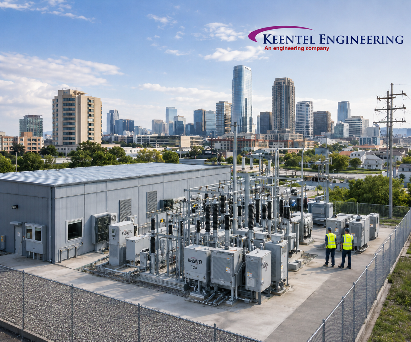 An electrical substation with data overlays regarding fast, slow, and very fast transient studies in the Northeast U.S.