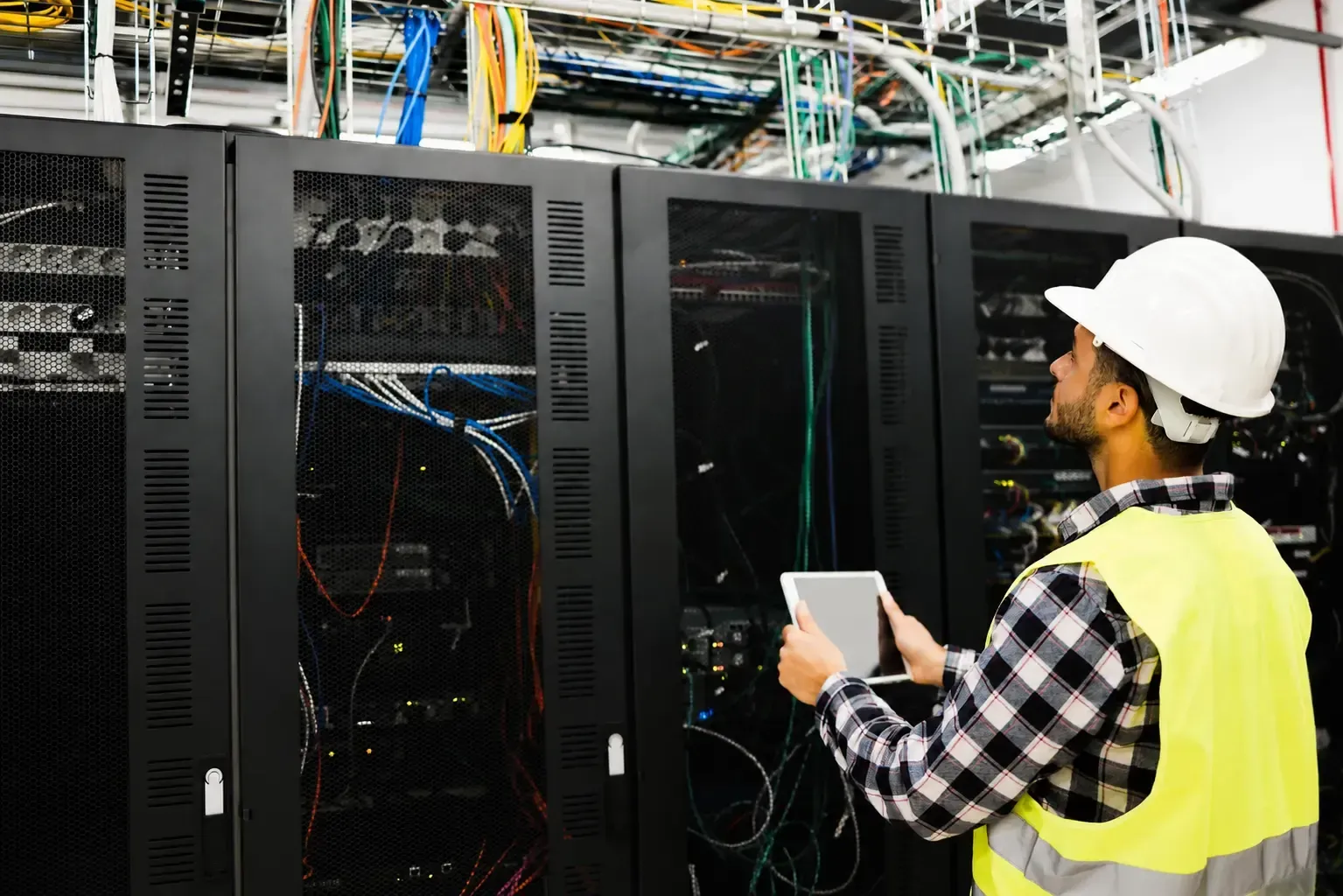 Modern data center with server racks, cloud computing infrastructure, and enterprise networking systems