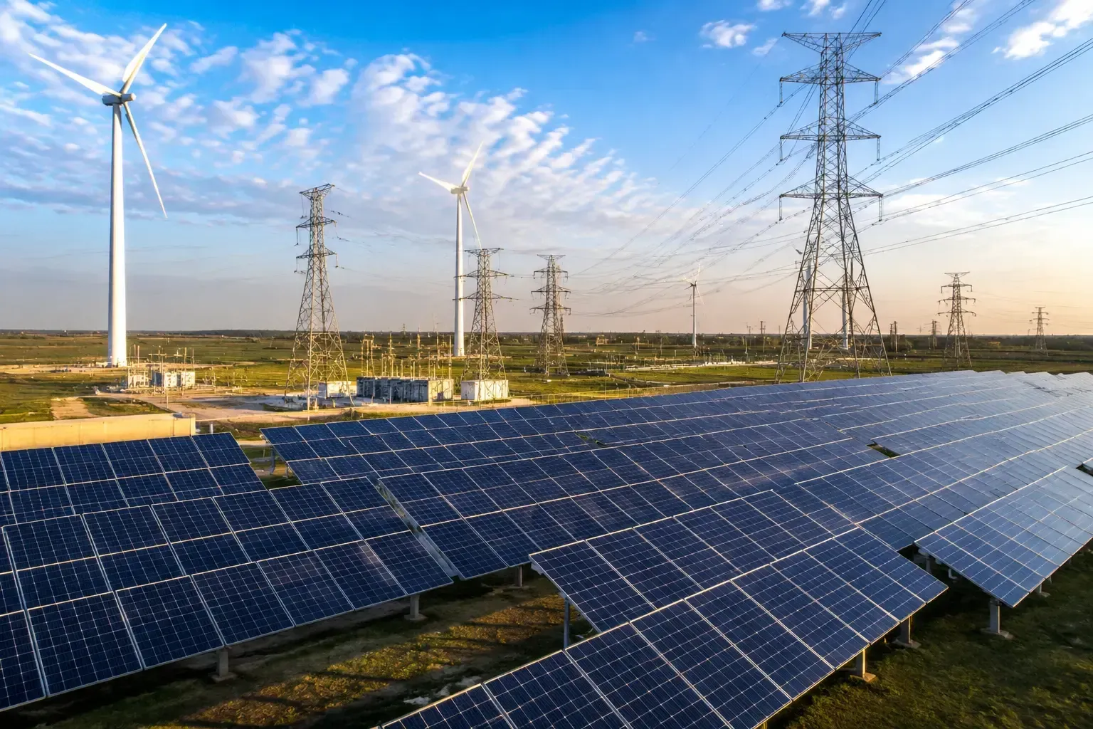 A landscape with solar panels, wind turbines, and power towers, overlaid with data charts for ERCOT grid analysis.