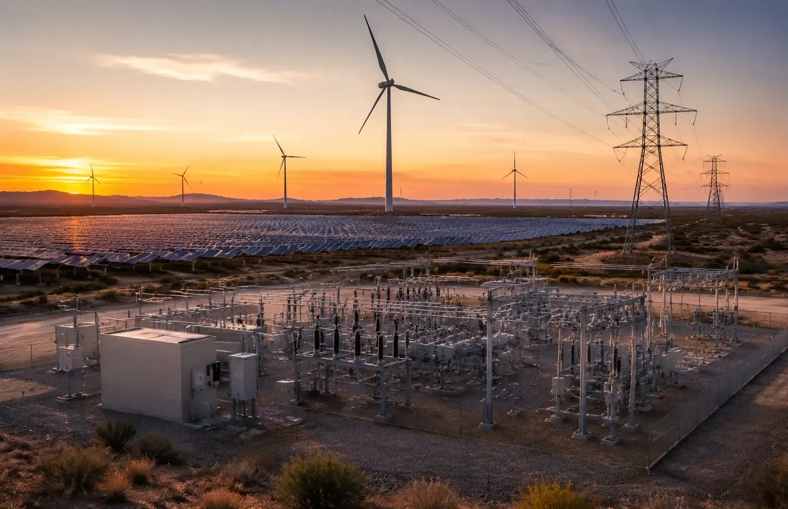 A hybrid solar and wind farm with power lines, overlaid with electrical engineering study graphics and an approval stamp.