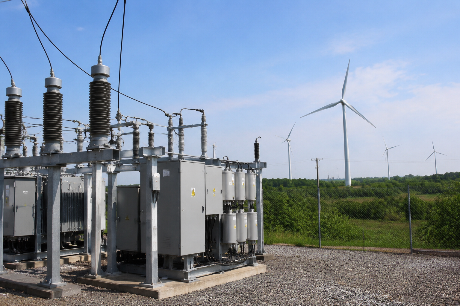 Power grid with wind turbines and digital overlays showing reactive power status and voltage analysis for grid efficiency.