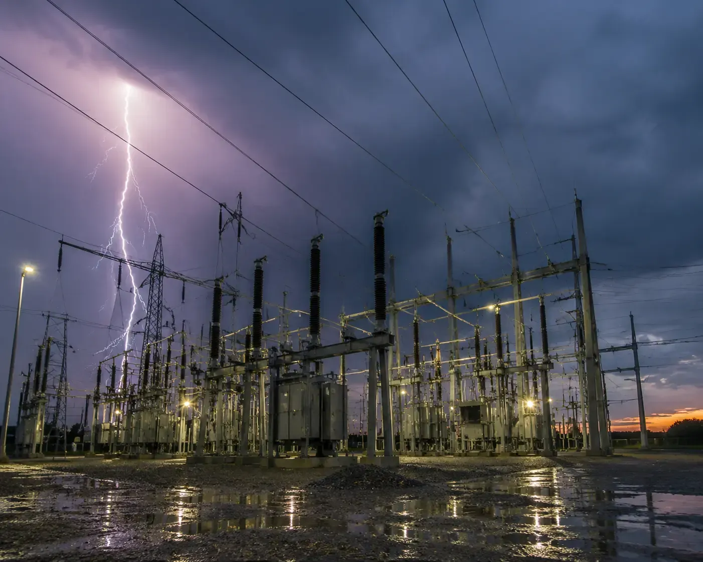 Electrical substation at twilight with a lightning strike, overlayed with technical charts and engineering data.