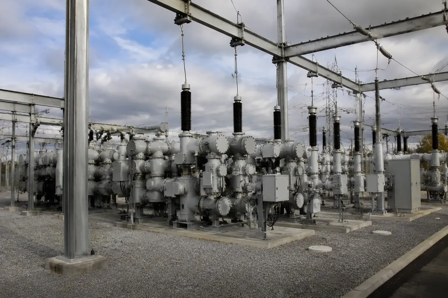 An electrical substation with data overlays regarding fast, slow, and very fast transient studies in the Northeast U.S.