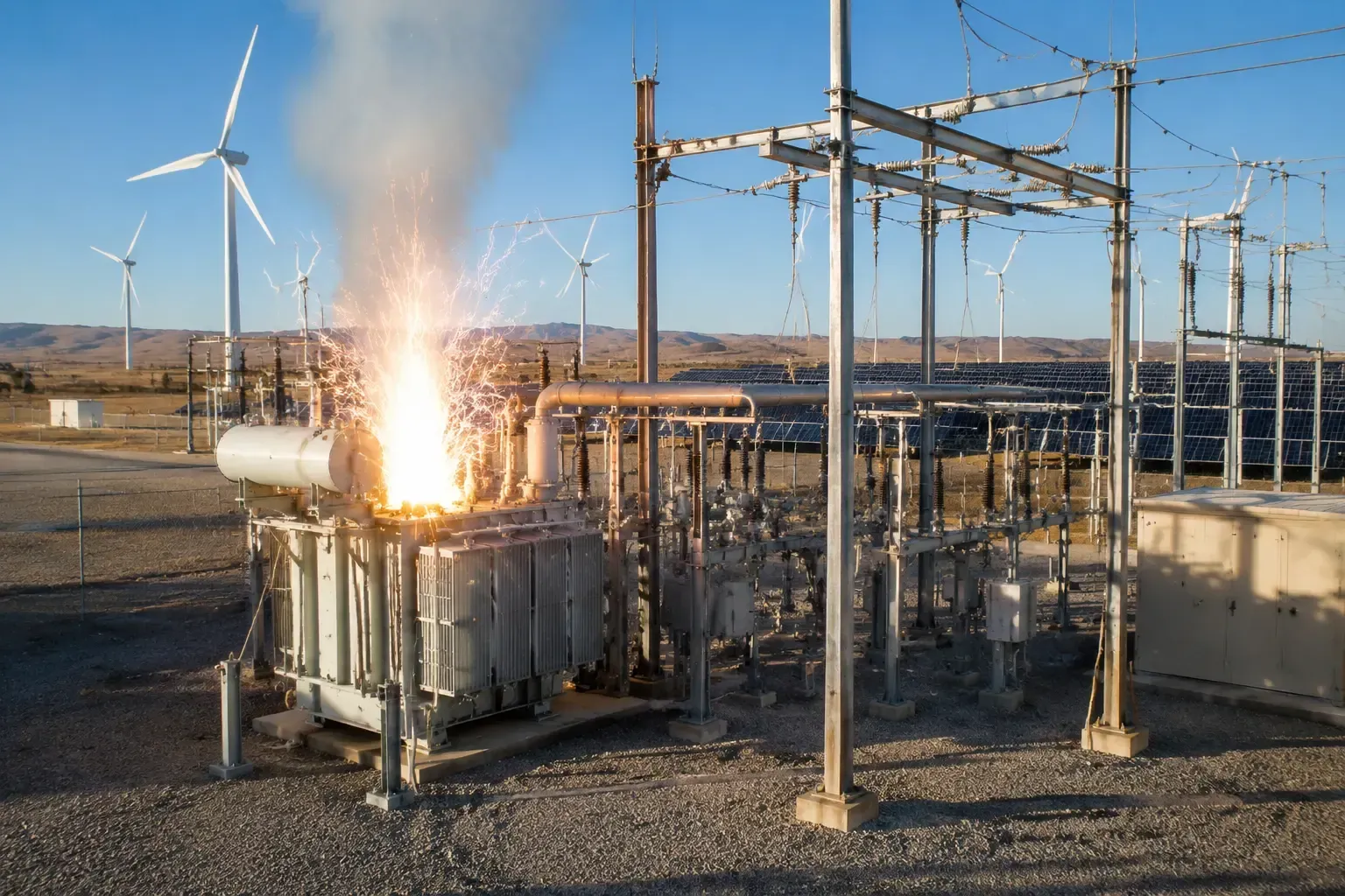 A power substation with a transformer flash, wind turbines, and solar panels, featuring data graphs on power quality study.
