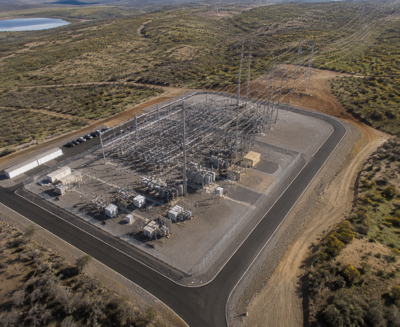 An infographic showing a substation, energy loss data, and optimization metrics for power efficiency and footprint.