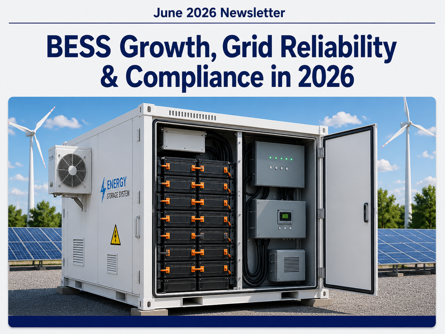 Battery energy storage systems with wind turbines supporting grid reliability and renewable energy.
