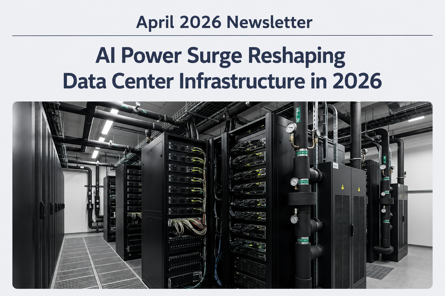 April 2026 newsletter with solar-powered data center rooftop.