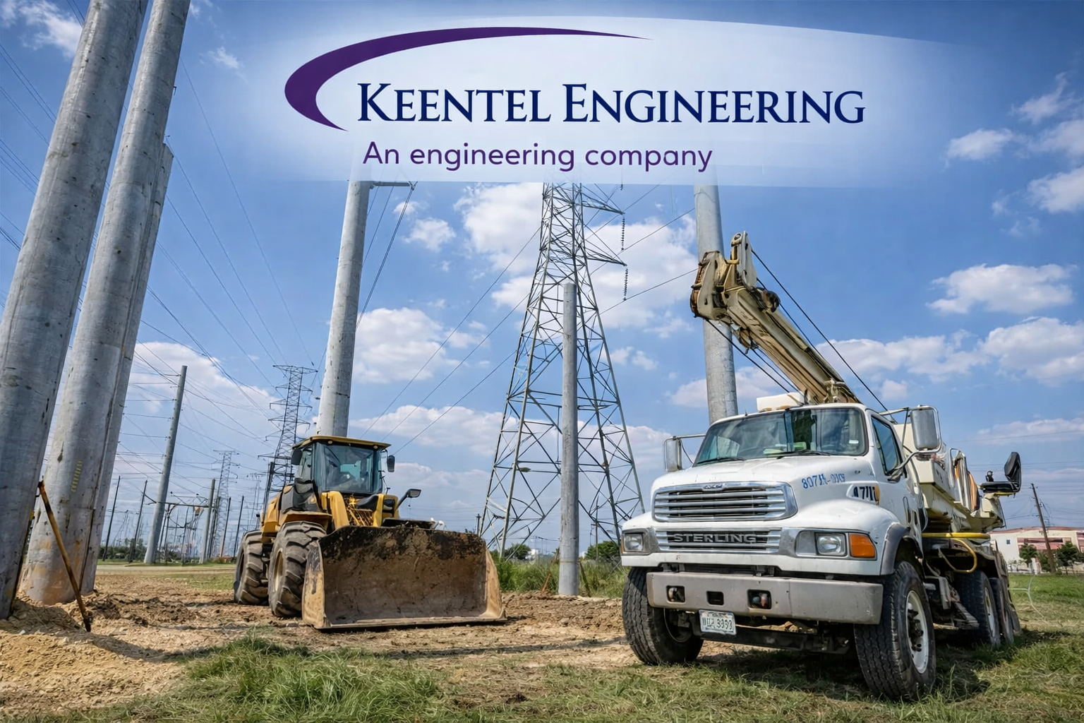 Keentel Engineering transmission infrastructure project with utility truck, construction loader, and high voltage transmission towers during power line installation work.