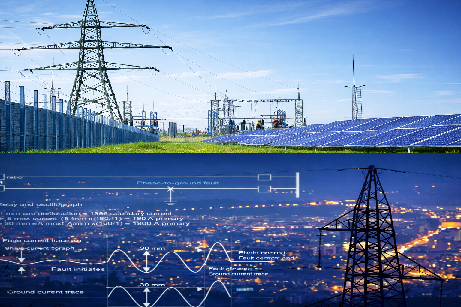 A split-screen view: solar panels and transmission towers by day above a city at night with overlaid electrical waveforms.