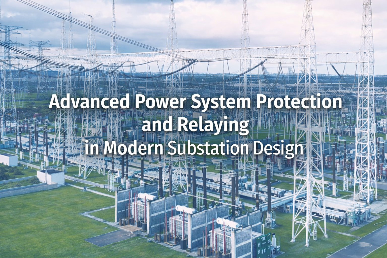 High-voltage electrical substation with transmission towers, power lines, and switching equipment illustrating advanced power system protection and relaying in modern substation design.