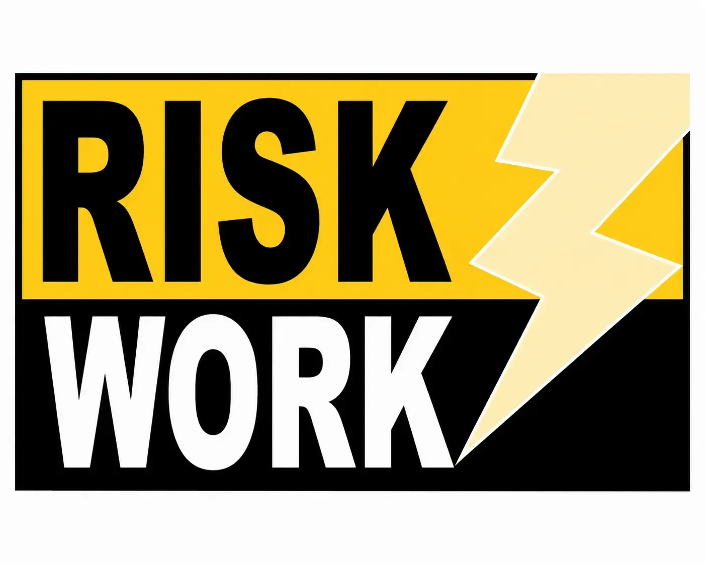 Risk Work safety logo with bold black and yellow design and lightning bolt graphic on a white background.