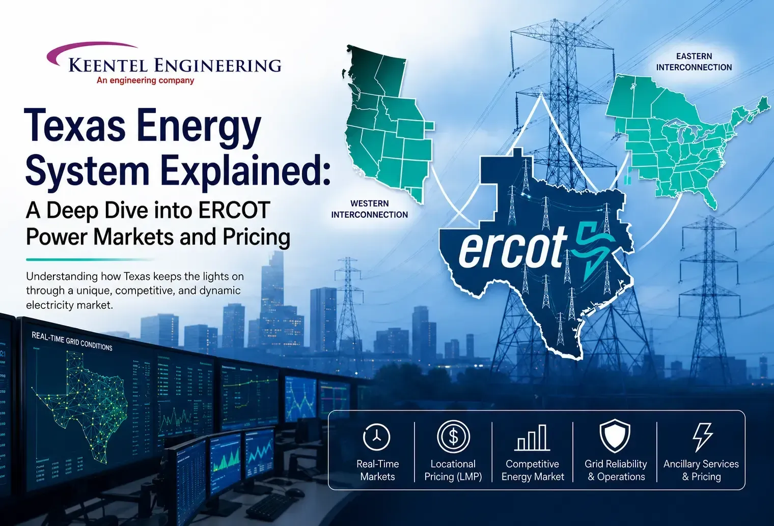 Texas Energy System Explained infographic showing ERCOT power market, Texas grid operations, and electricity pricing system.