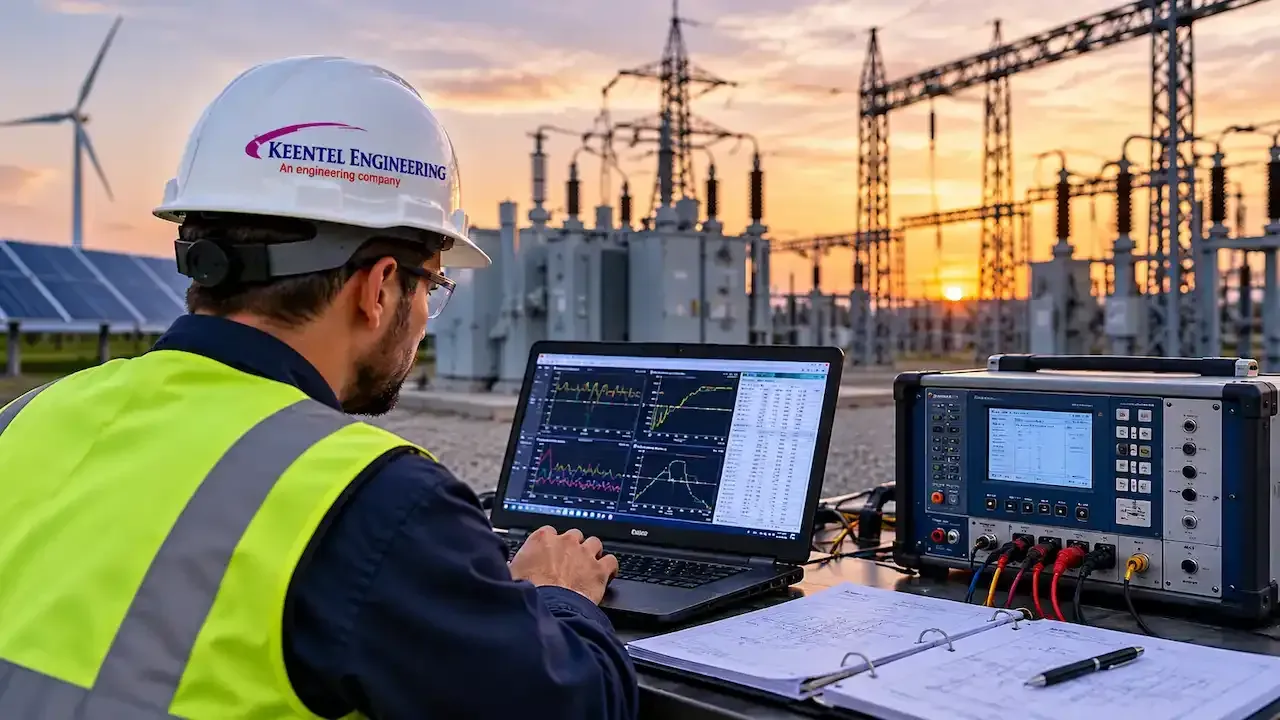 Keentel Engineering engineer performing grid compliance testing, ride-through model validation and disturbance monitoring at a renewable energy substation