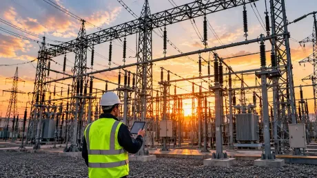 Man in hard hat and safety vest using a tablet near an electrical tower.