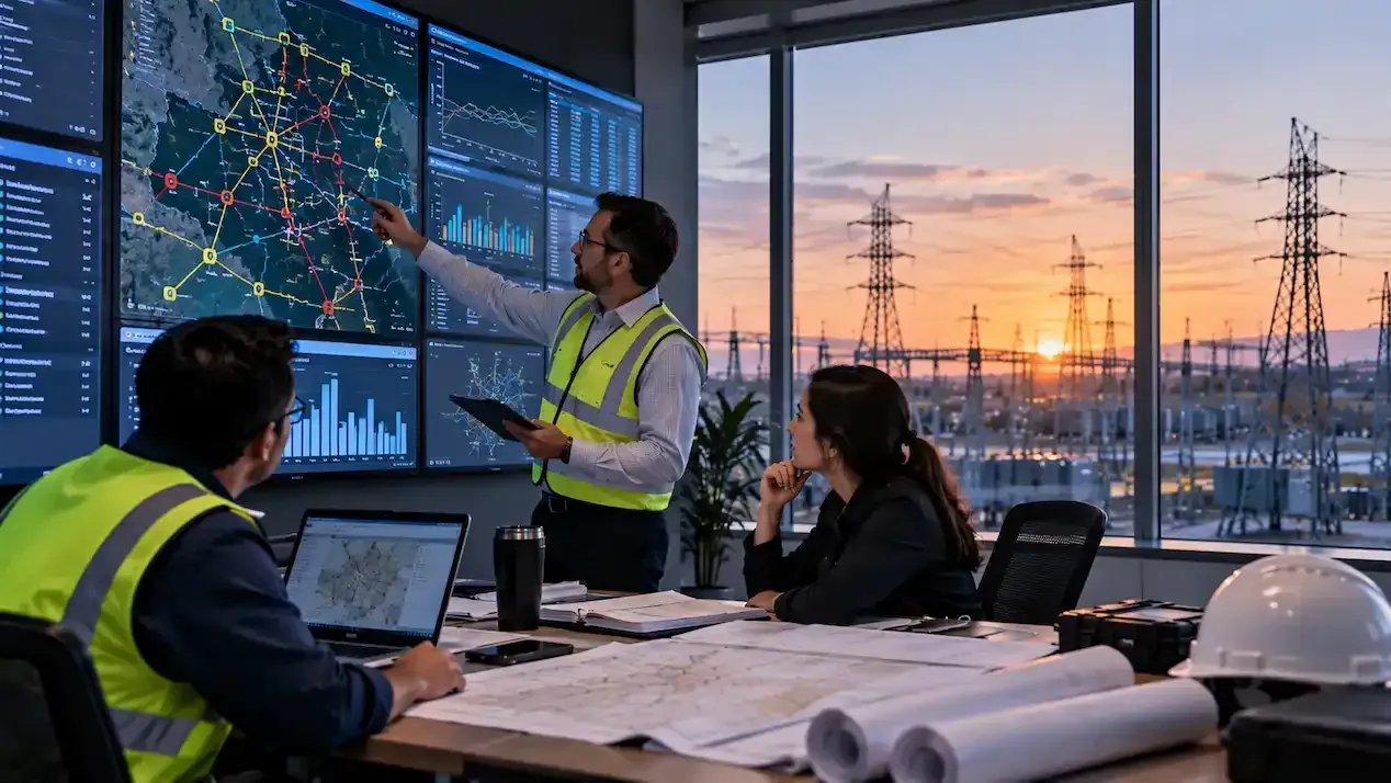 Power system engineers reviewing planning and compliance studies