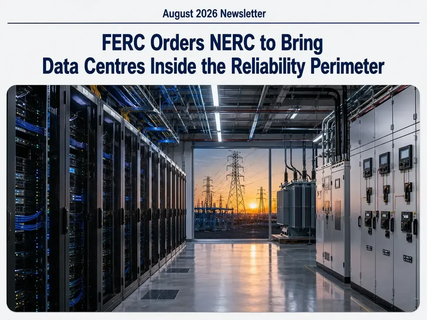 Modern data center with rows of server racks and electrical switchgear.