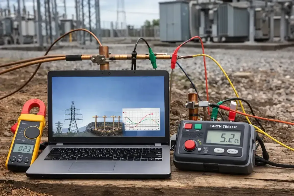 Infographic on effective power grounding and performance analysis, featuring a substation with IEEE compliance data.