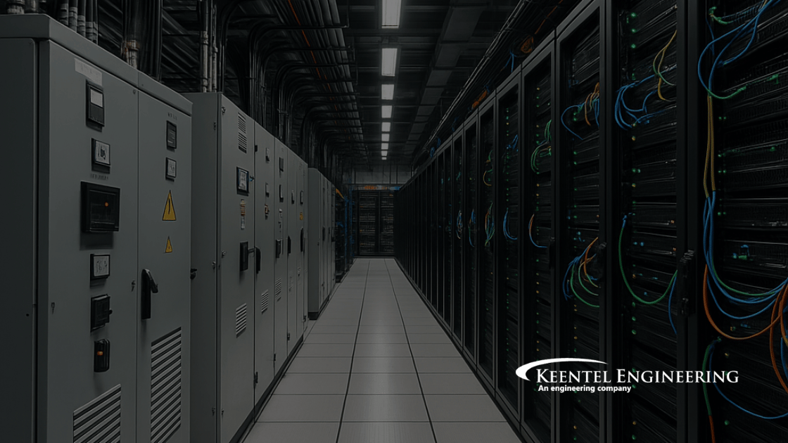 Data center server racks and control panels in a long hallway; dim lighting.