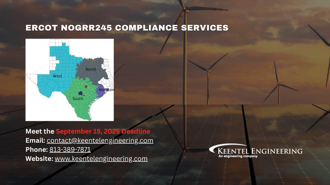 ERCOT NOGRR245 compliance services with a map of Texas and wind turbines. Deadline is September 15, 2023.