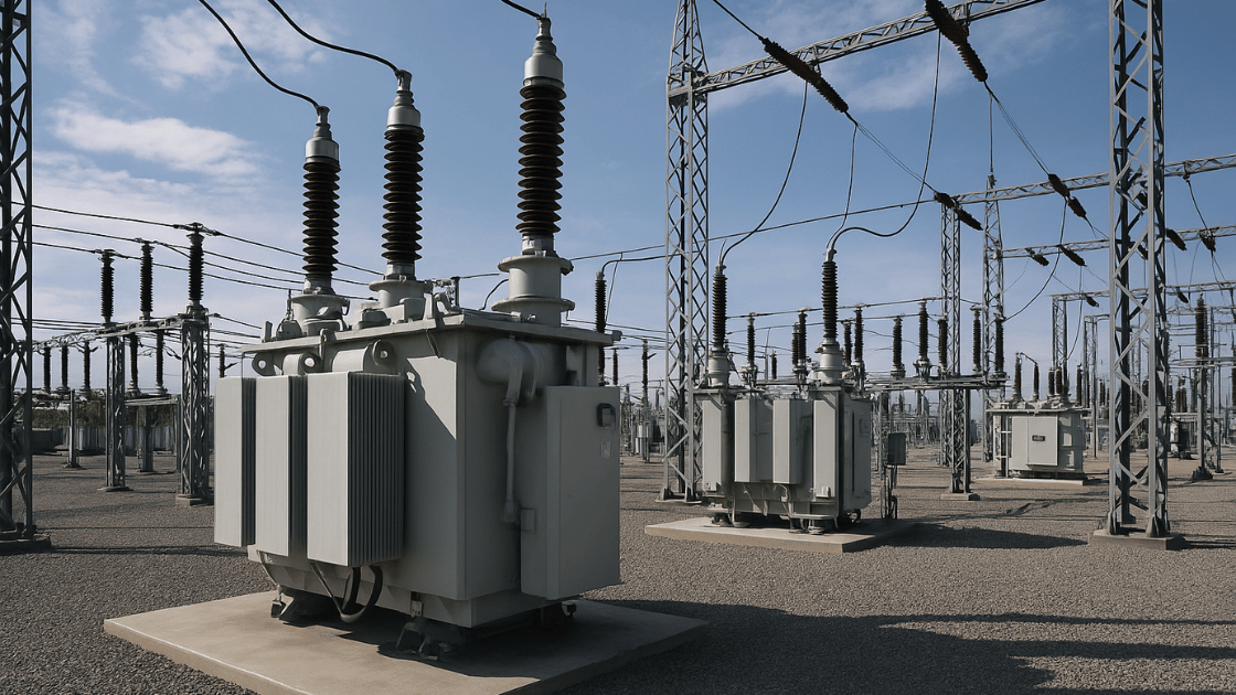 Electrical transformers and power lines at a substation on a sunny day.