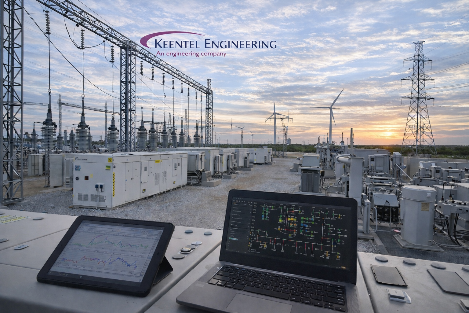 KeenTel Engineering branded image of an electrical substation with battery storage units, wind turbines, transmission lines, and dynamic grid modeling displayed on a laptop and tablet at sunset