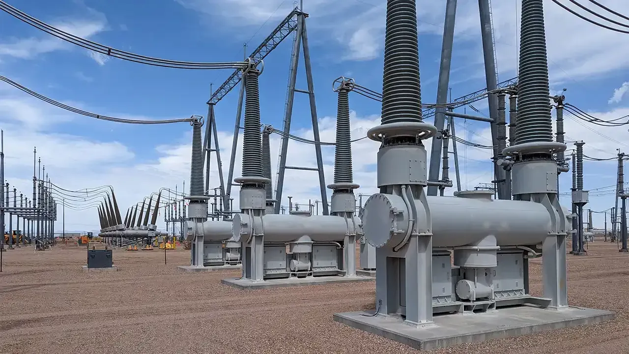 High-voltage capacitor bank in a transmission substation representing GIC mitigation alternatives
