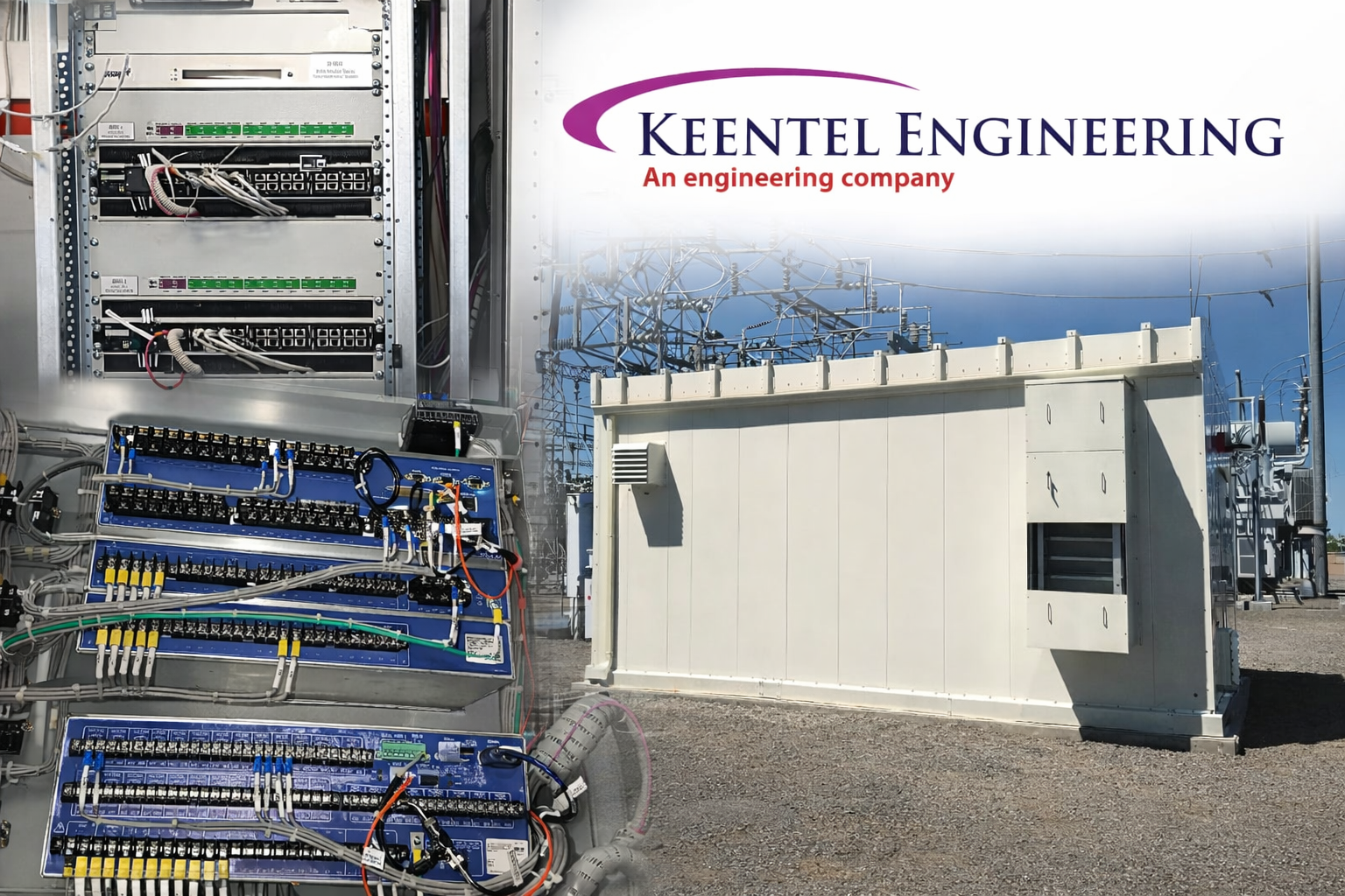 Keentel Engineering branded image showing electrical control panels with wiring and network equipment alongside a utility substation control building, representing power system protection, controls, and substation engineering infrastructure.