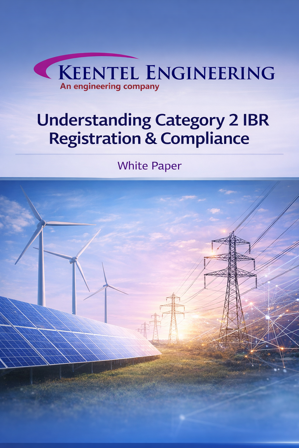 Understanding Category 2 IBR Registration and Compliance white paper cover by Keentel Engineering featuring solar panels, wind turbines, and power transmission lines