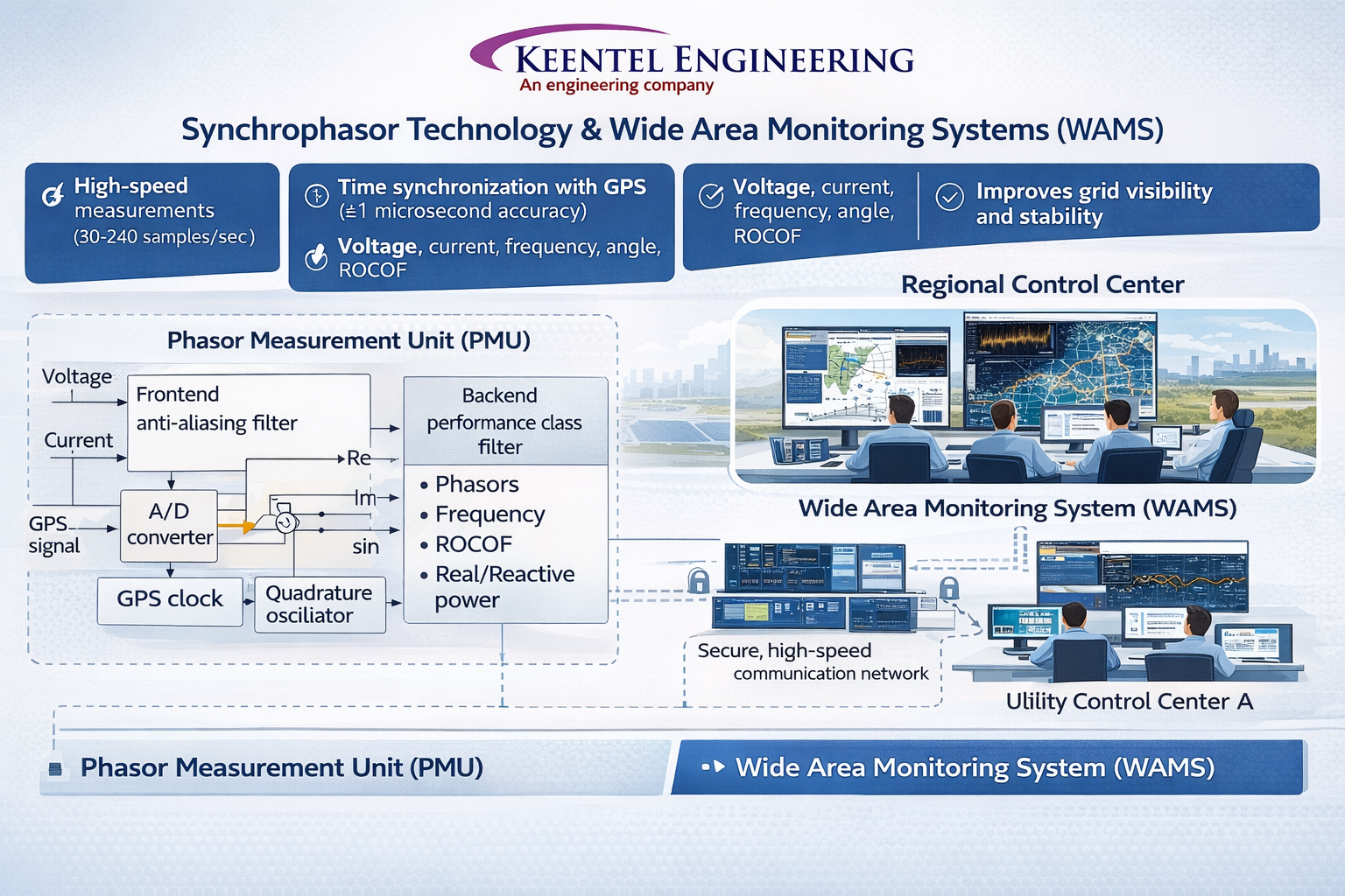 Phasor Measurement Unit (PMU) and WAMS system architecture for real-time power grid monitoring