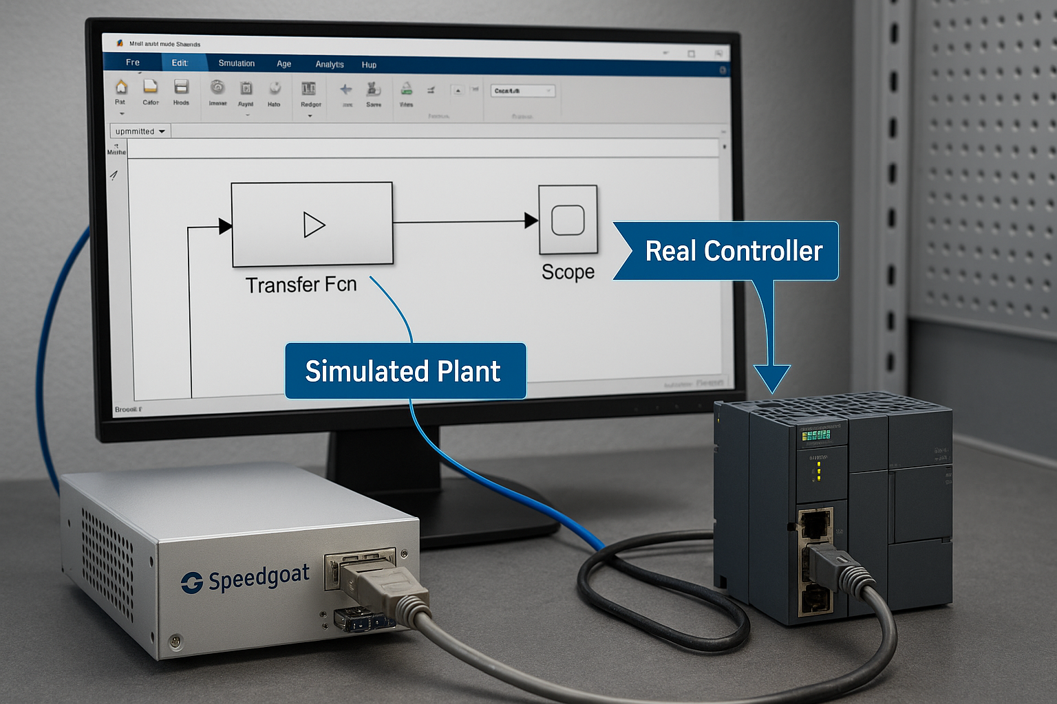 A computer screen displays a Simulink model connected to a real-world controller via cables, simulating a plant.