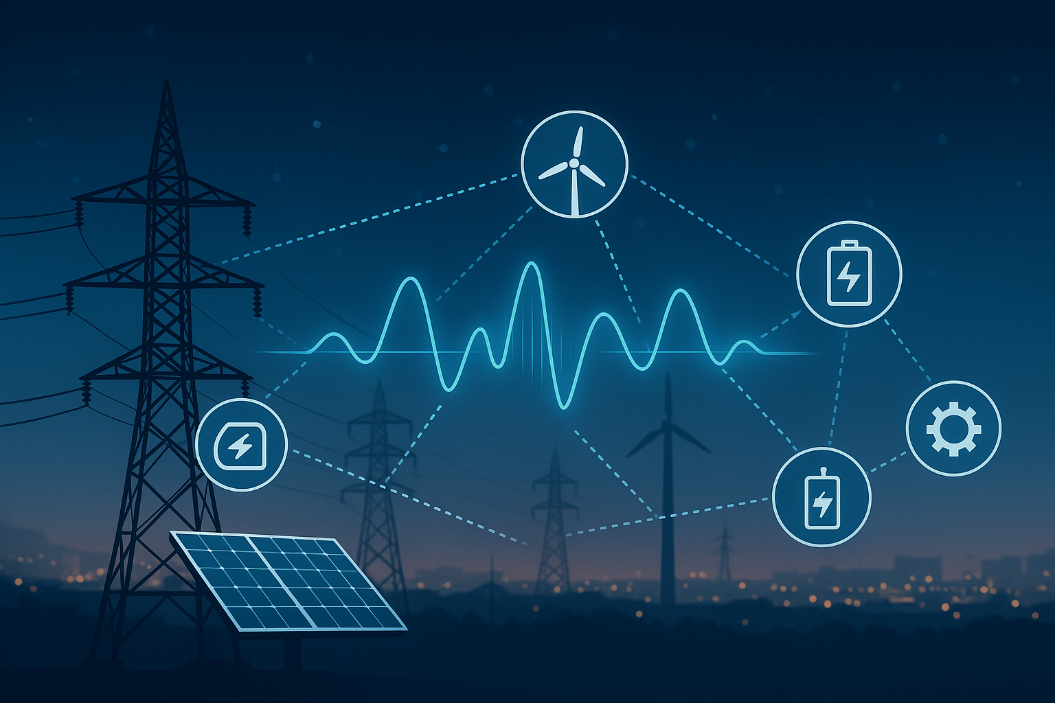 Power grid illustration: solar panel, wind turbines, power lines, and batteries connected by a blue energy flow.