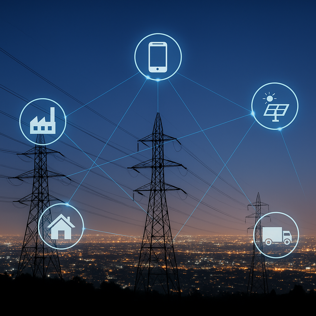 Overhead power lines with connected icons: factory, house, phone, solar panel, and truck, over city at dusk.
