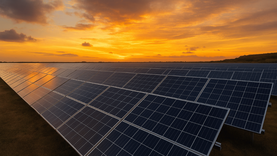 Solar panels in a field at sunset, reflecting the vibrant orange sky.