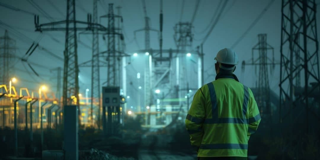 Engineer inspecting high-voltage substation equipment for FAC-008-5 facility ratings and NERC compliance.
