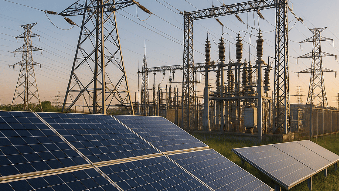 Solar panels in foreground, power grid and electrical substation in the background, daytime.