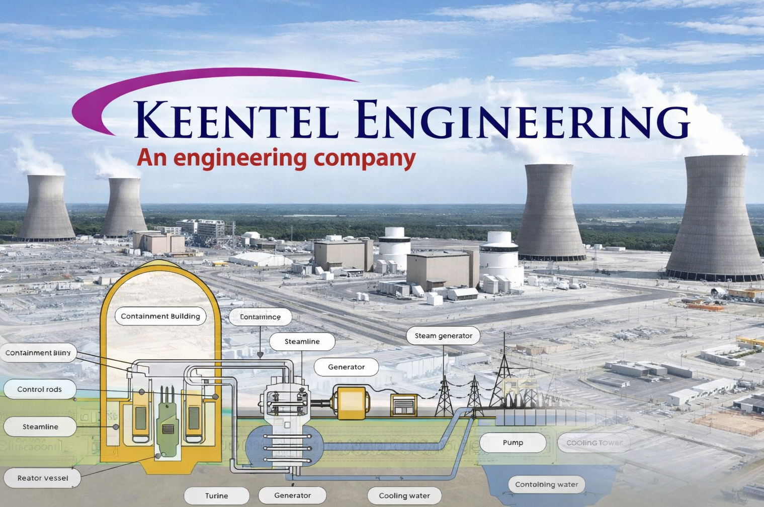 Keentel Engineering banner featuring a panoramic view of a nuclear power plant overlaid with a detailed cross-section diagram of nuclear reactor components, including the containment building, steam generator, and turbine.