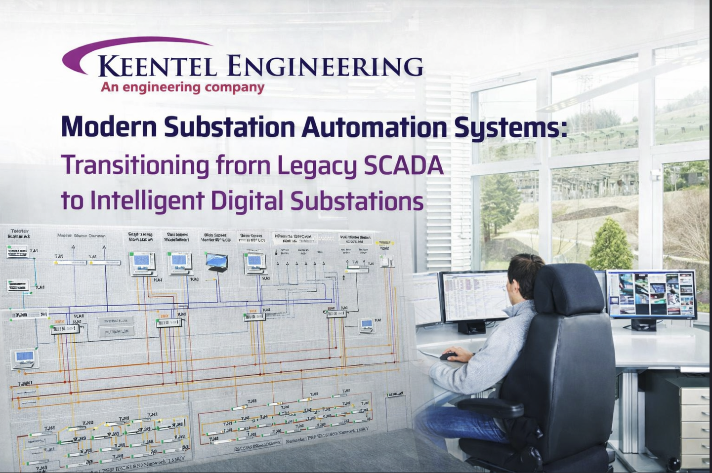 High-voltage electrical substation with transmission towers, power lines, and switching equipment illustrating advanced power system protection and relaying in modern substation design.