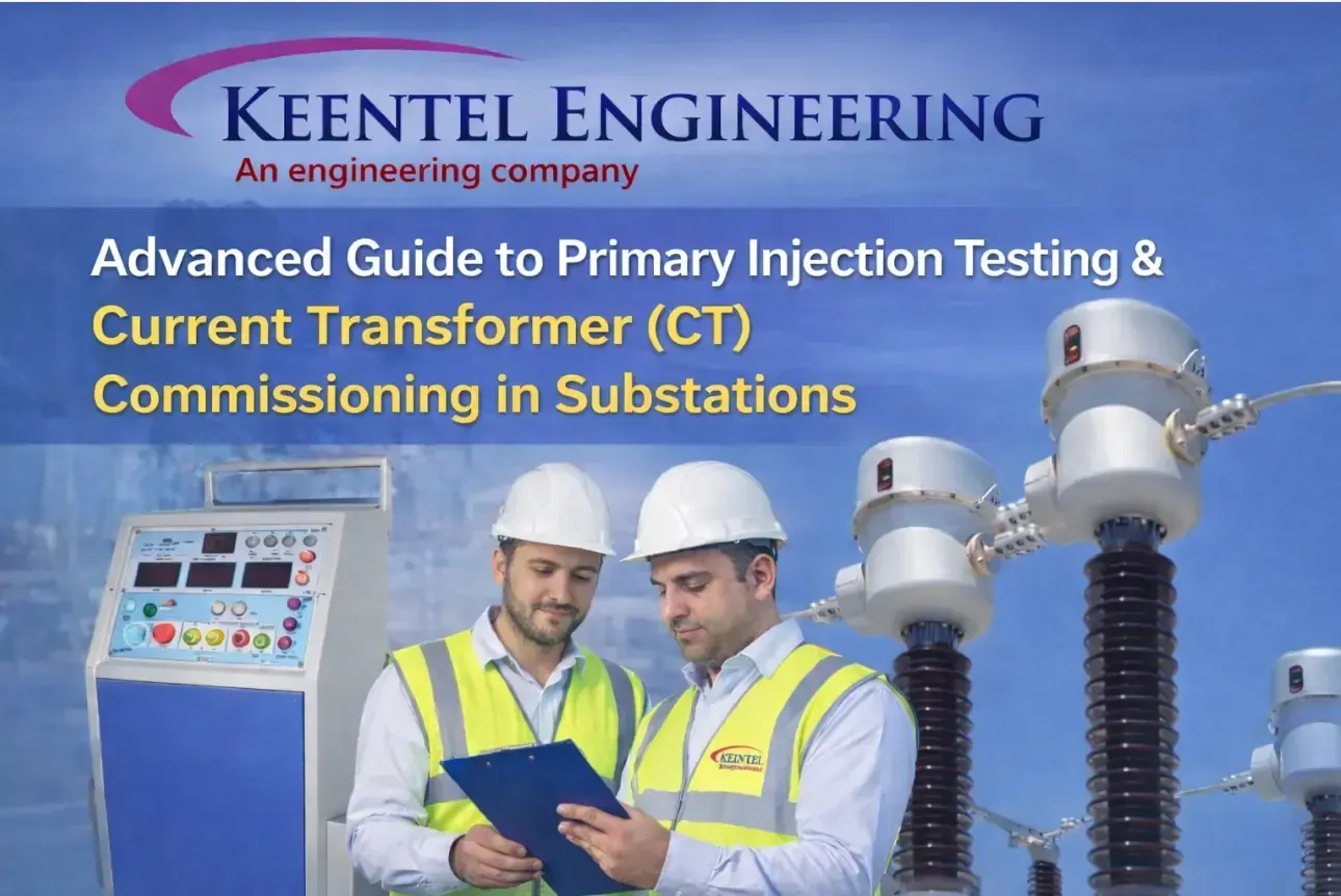 Primary injection testing setup with engineers inspecting current transformer commissioning in power substation