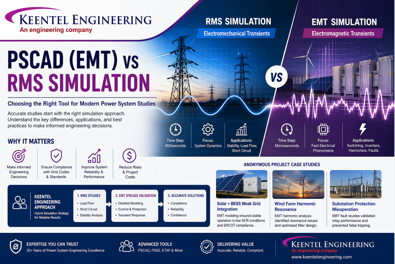 PSCAD EMT vs RMS simulation infographic for power system stability, load flow, short circuit and harmonic analysis.