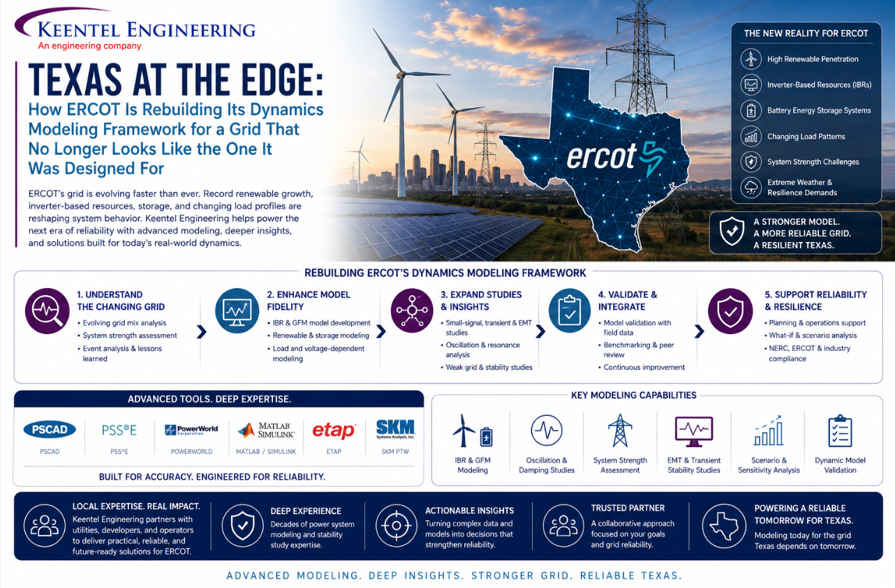 Advanced ERCOT dynamics modeling for inverter-based resources, data centers, BESS, and grid stability studies.