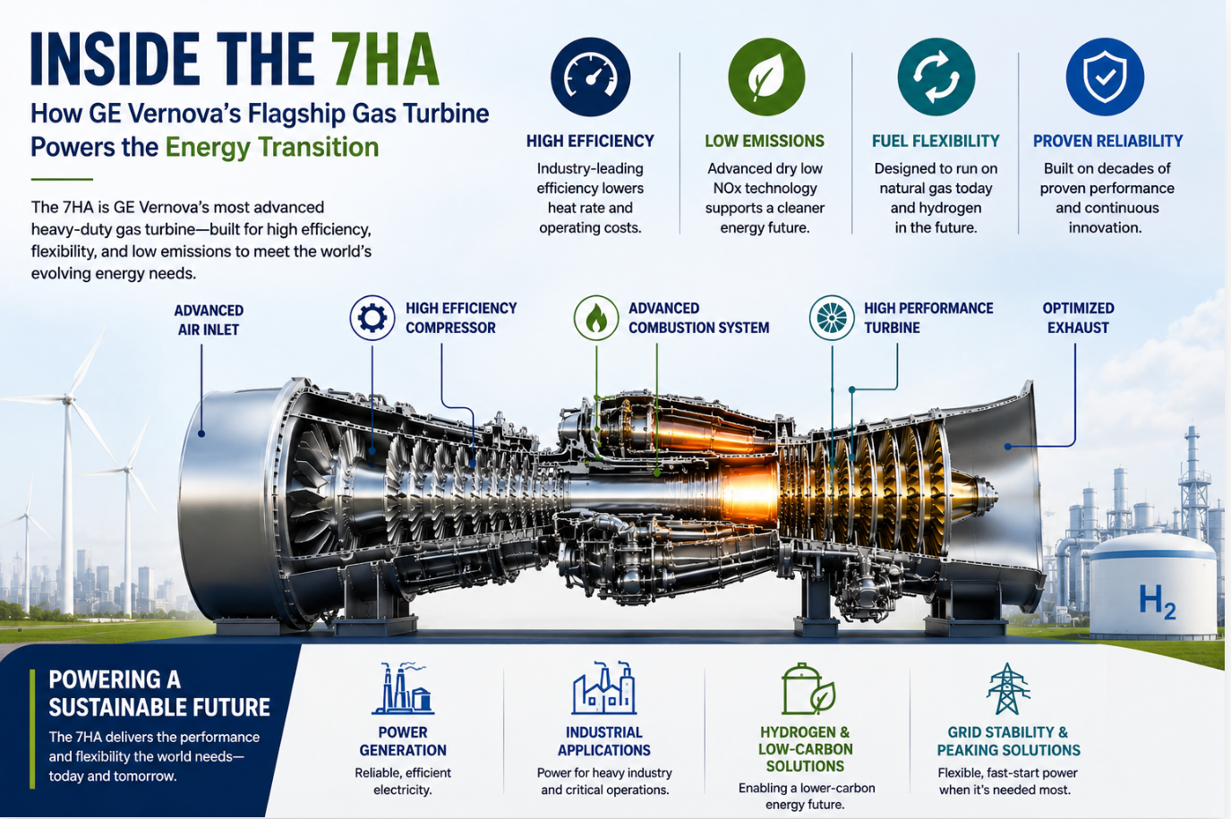 7HA gas turbine infographic with efficiency and hydrogen fuel capabilities